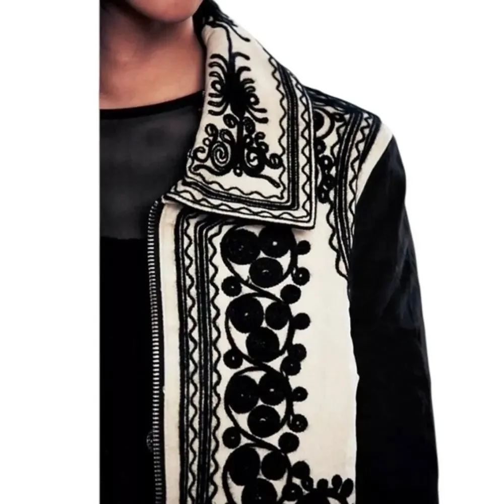 Free People Stitched Quills Embroidered Cream Black Jacket Boho Small Western